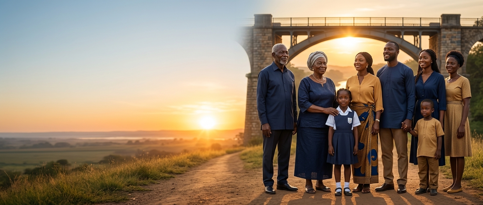 AI-generated illustrative artwork of a family walking together on a bridge at sunset; not a photograph of initiative participants.